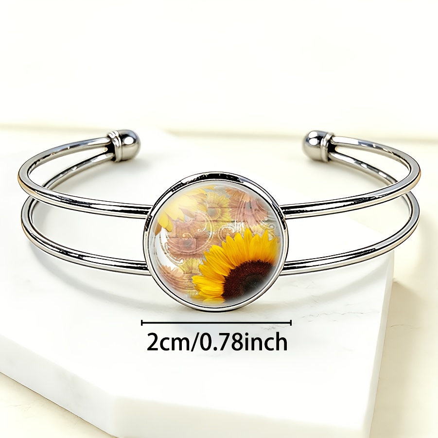 Women's Adjustable Open Bangle with Retro Sunflower & Floral Design